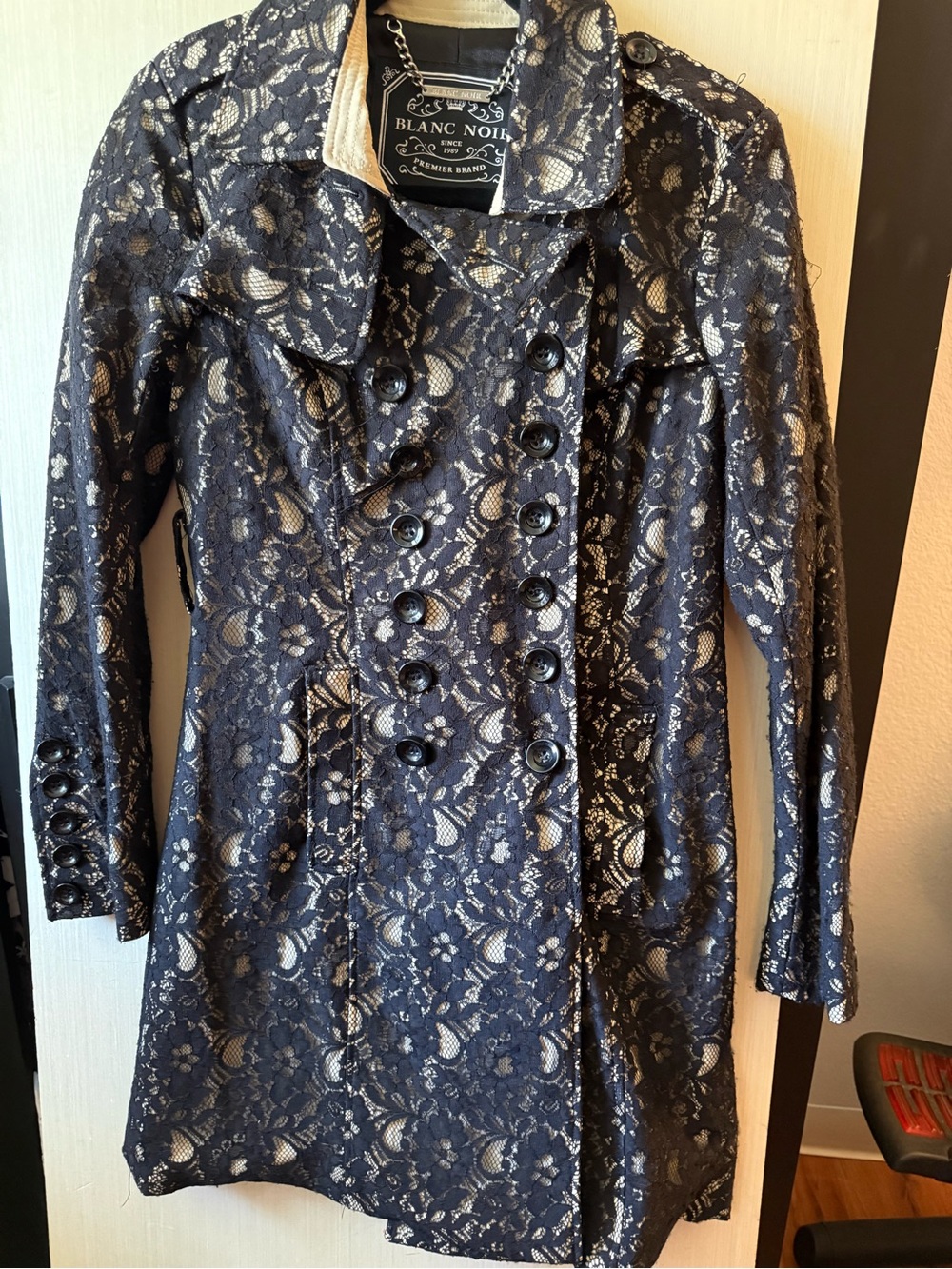 blanc noir Black Lace Double-Breasted Trench Coat